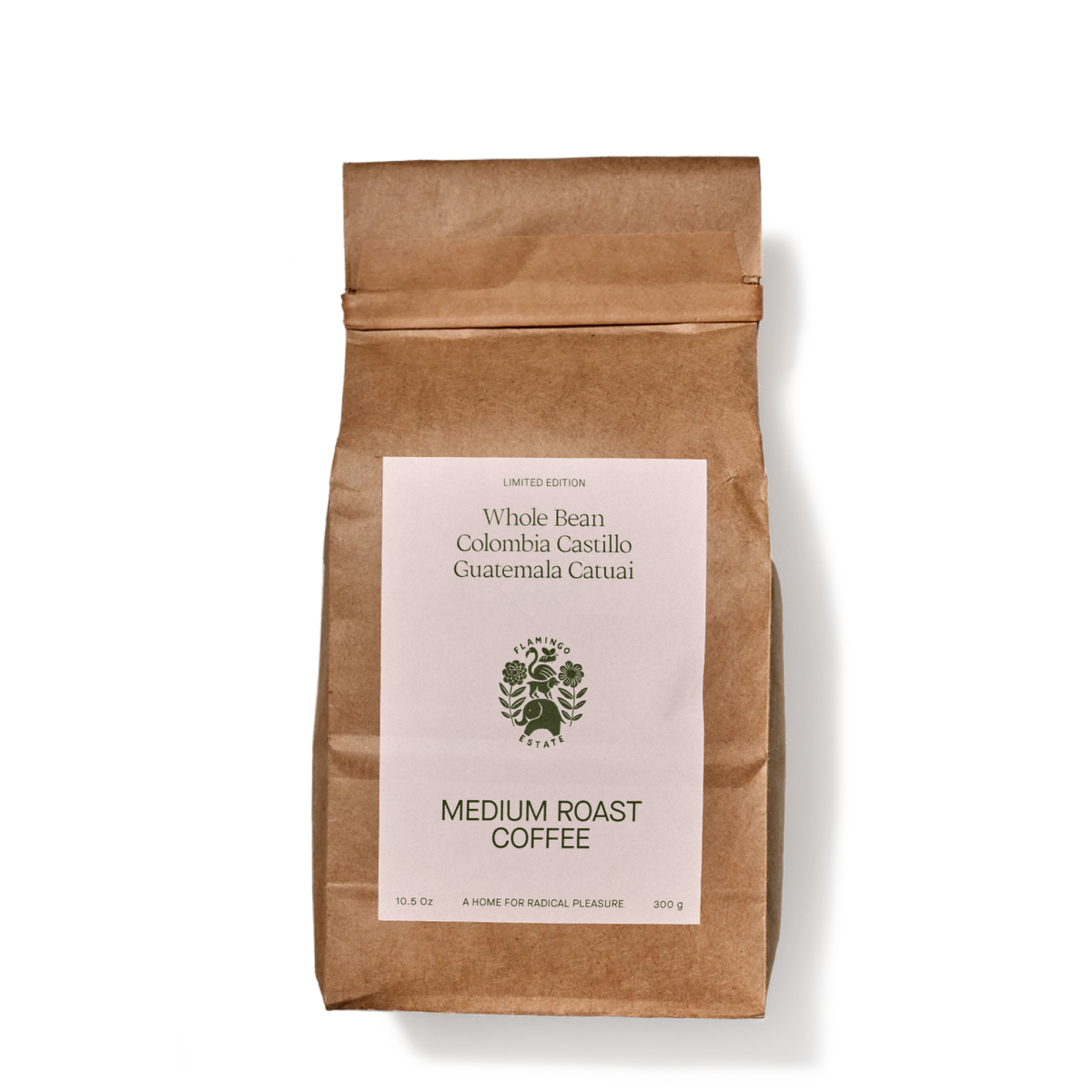 A brown paper coffee bag stands upright.