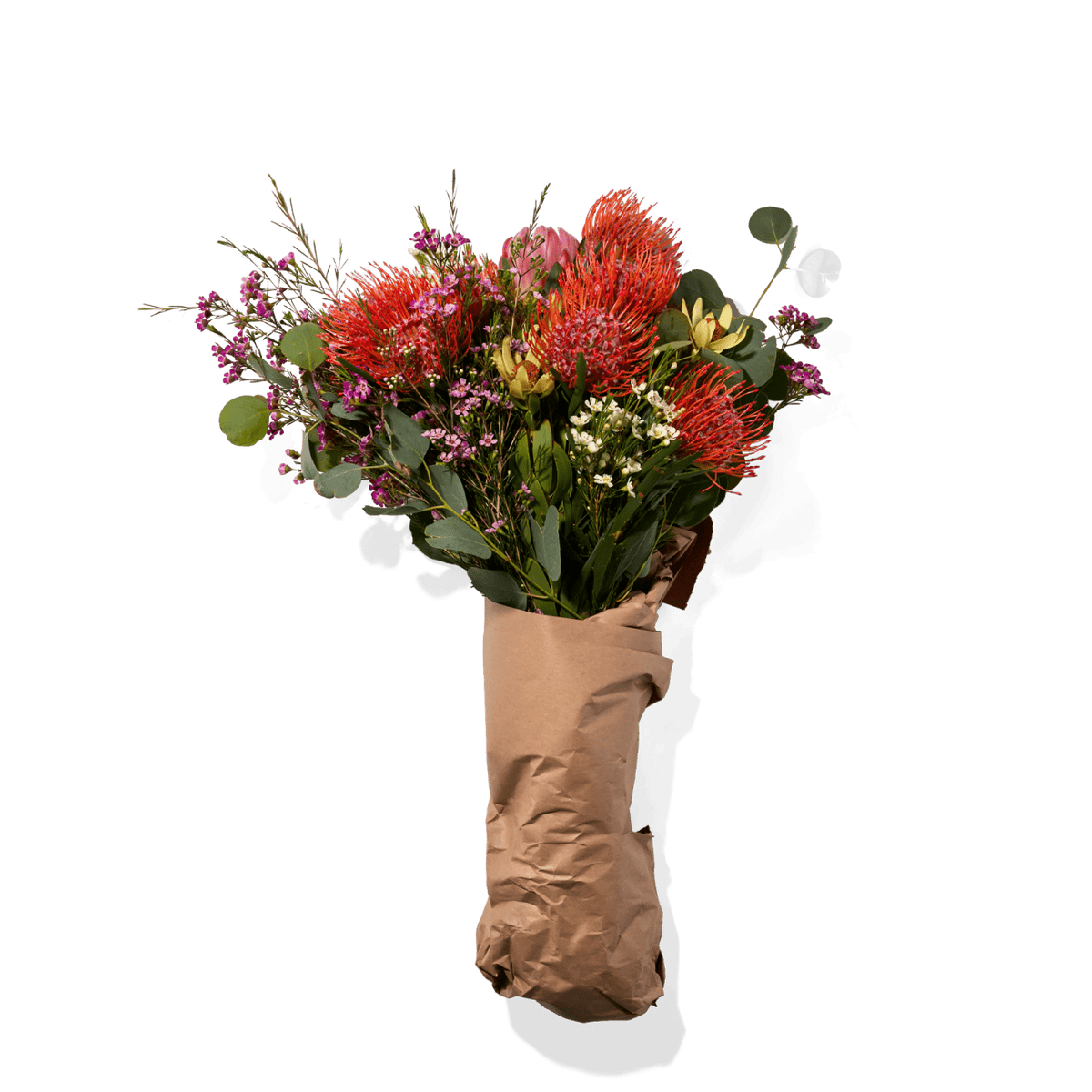 Vibrant Bouquet Of Assorted Flowers And Greenery, Arranged In Rustic-Style Paper Wrapping