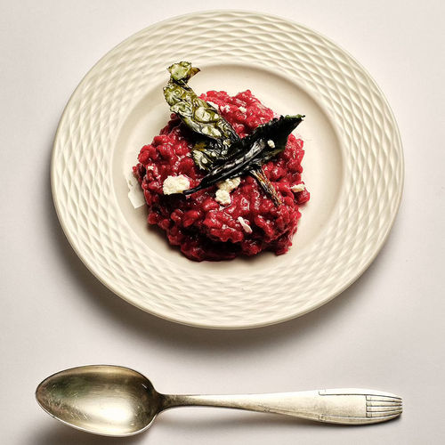 Beet Risotto with Crispy Beet Greens