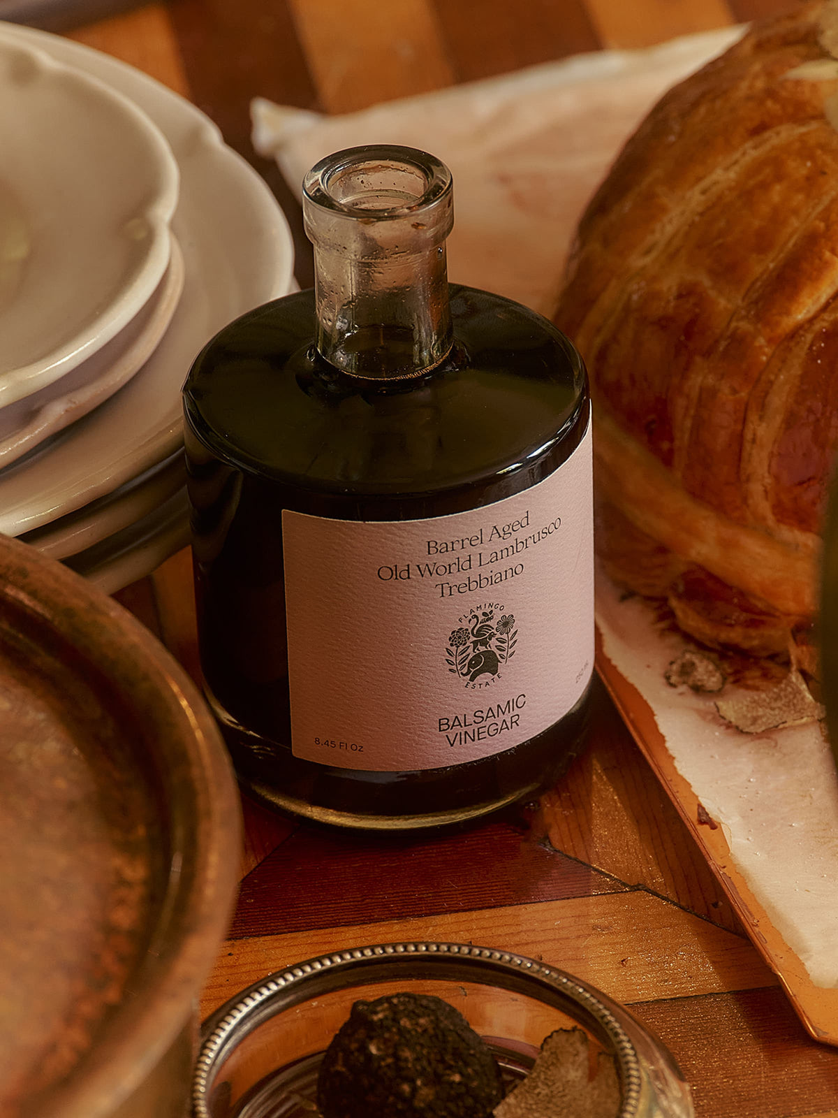 A bottle of balsamic vinegar labeled 