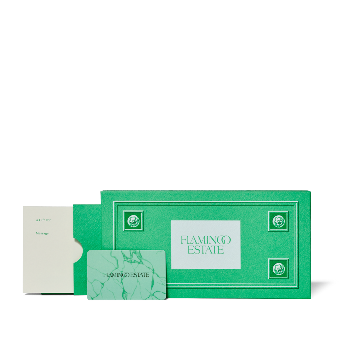 A green rectangular gift card holder features the text 