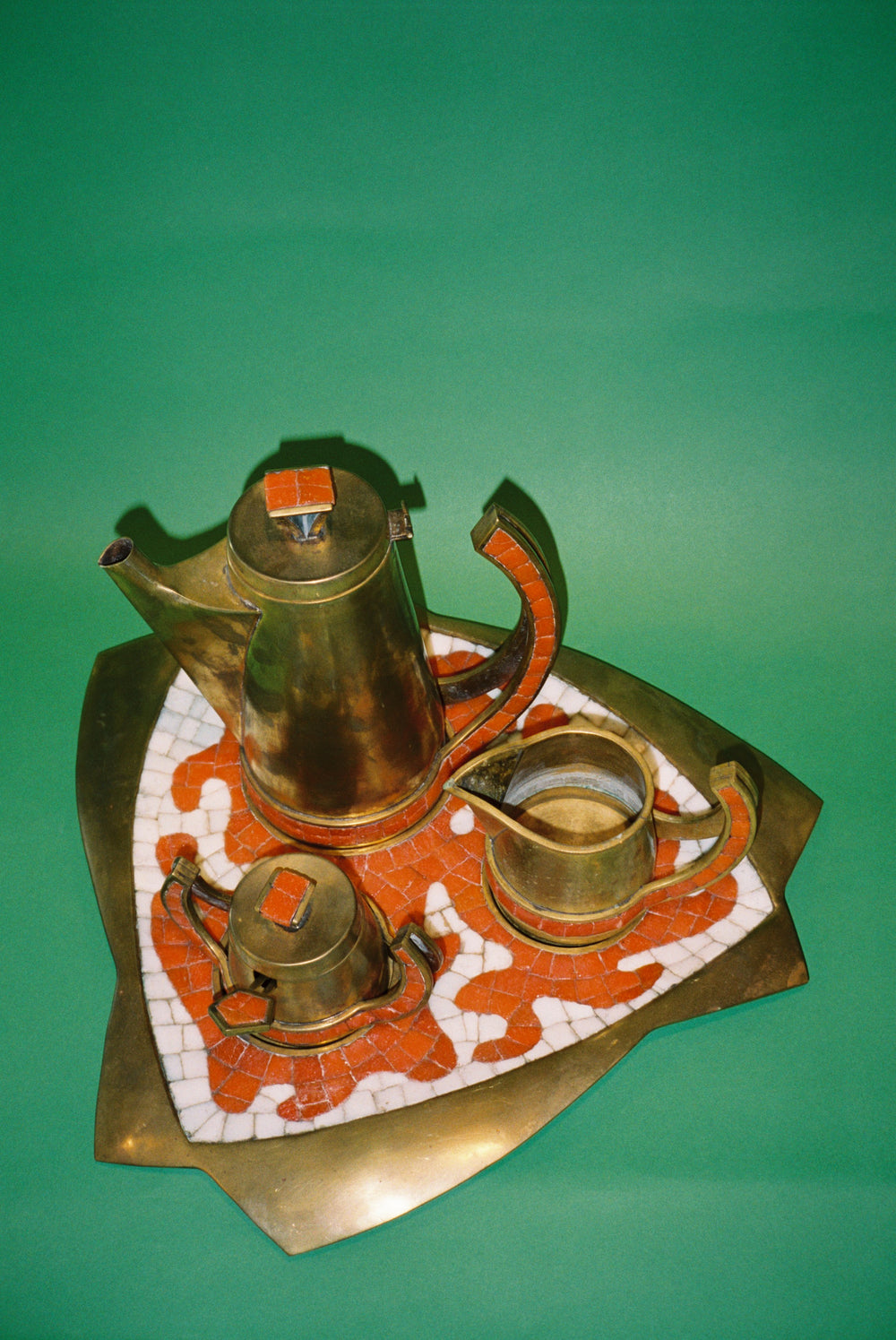 Salvador Terán Brass and Orange Glass Mosaic Tea Service, Mexico, c. 1960s