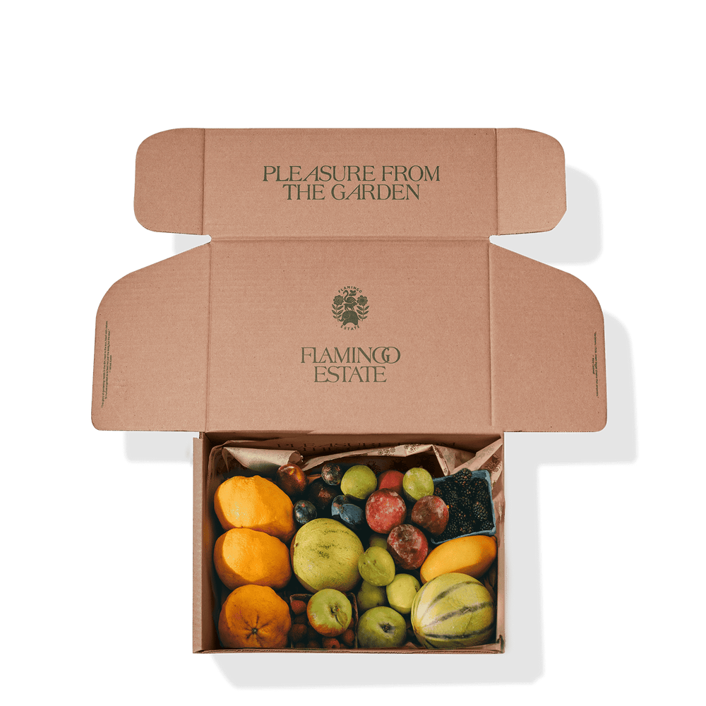Open Flamingo Estate Box Containing Fresh Seasonal Fruit